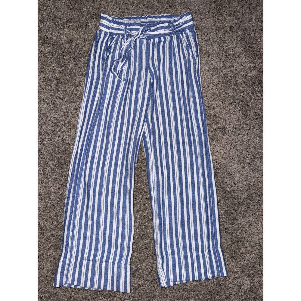 Jolt Pants Womens S Blue Mid Rise Wide Leg Stripe‎ Linen Blend Casual Drawstring